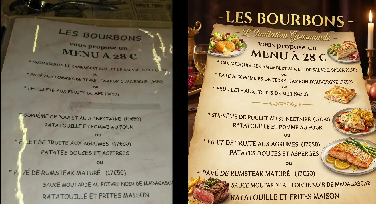 Retouche photo menu restaurant avant après - Plats sublimés